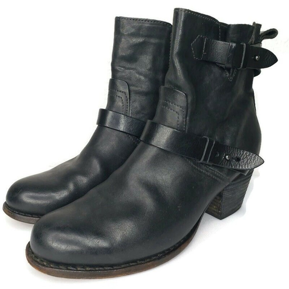 Rag Bone Harper Moto Boots Black Leather US 9.5 Ankle Zip Block Heel Biker Boots